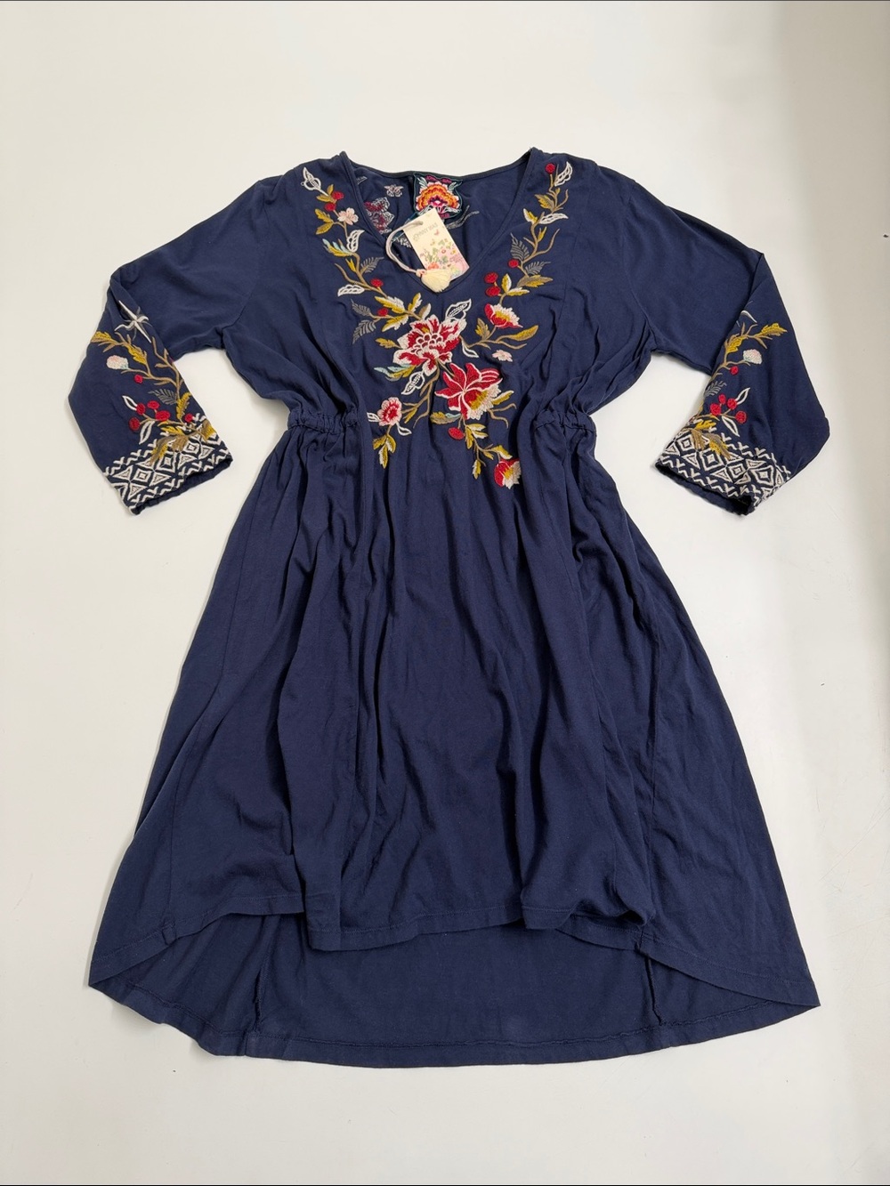 Johnny Was Navy Embroidered V-Neck Top with Multicolor Floral Stitching Boho